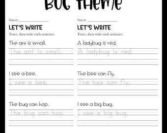 Sentence Writing and Tracing Handwriting Practice Worksheets - Bug Theme