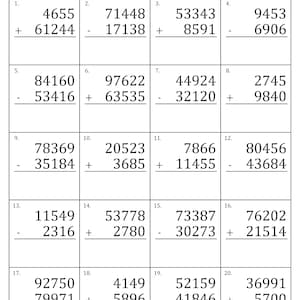 以下が含まれることがあります： 4桁と5桁の数字の足し算と引き算の練習問題が20問あるワークシートです。問題は20個のマスに並んでいます。各マスには、2つの数字とプラスまたはマイナスの記号が書かれた計算問題があります。問題は1から20まで番号が付けられています。