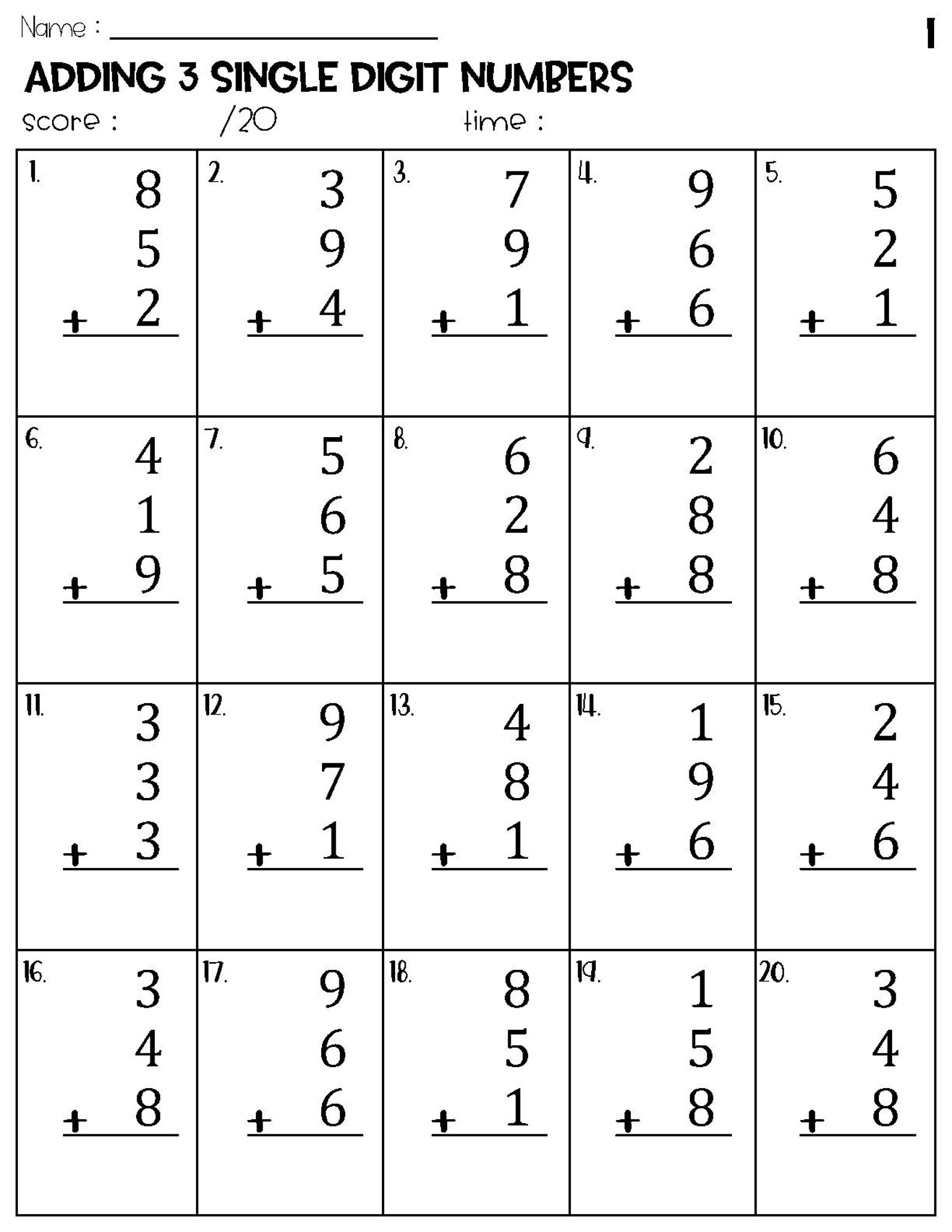 Adding 3 Single Digit Numbers Worksheets - Math Timed Test Addition - Etsy