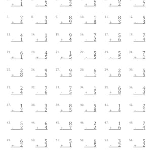 Puede incluir: Una hoja de trabajo blanca titulada "SINGLE DIGIT ADD & SUBTRACT" con 60 problemas de matemáticas. La hoja de trabajo incluye problemas de suma y resta con números de un solo dígito. La parte superior de la página tiene espacio para un nombre, una puntuación y un tiempo.