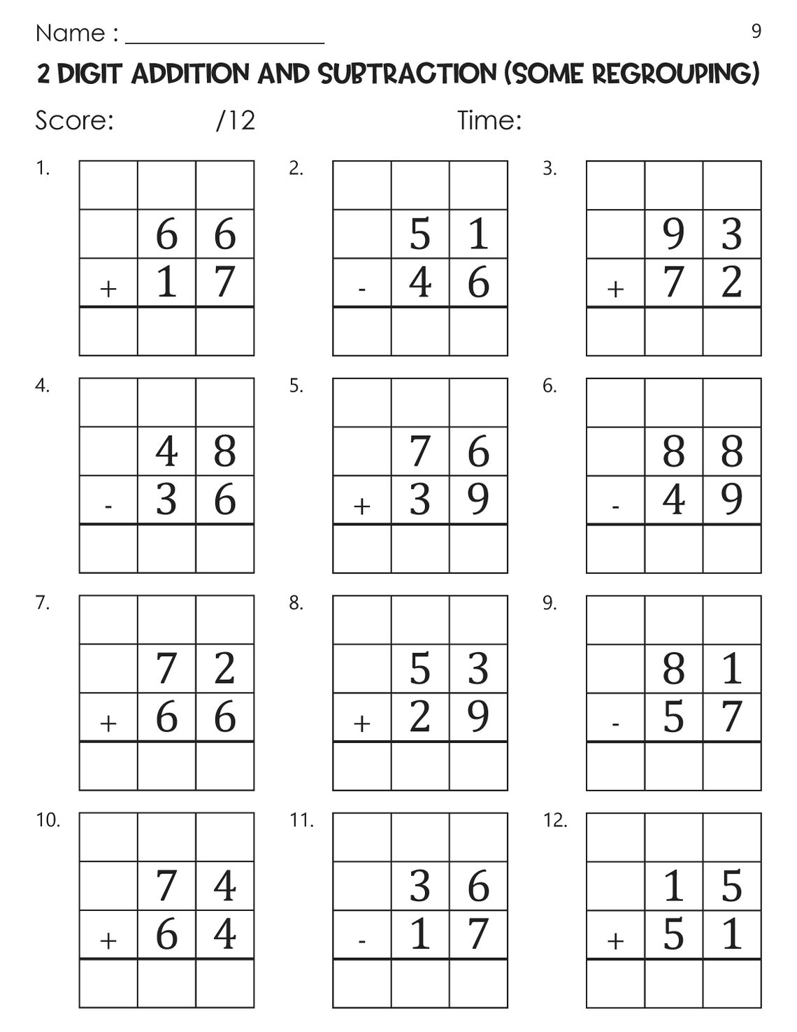 Two Digit Addition and Subtraction With and Without Regrouping With ...