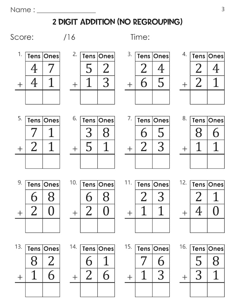 Two Digit Addition With Tens and Ones Without Regrouping Worksheets - Etsy