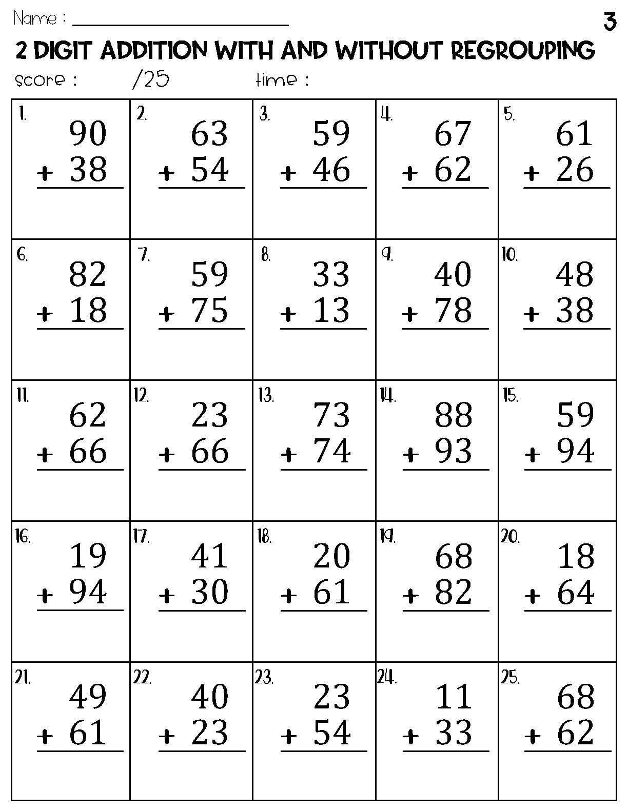 Two Digit Addition With and Without Regrouping Worksheets Etsy