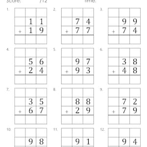 May include: A worksheet with 12 math problems for two-digit addition with regrouping. Each problem has a grid with two rows and three columns for the numbers to be added. The problems are numbered 1 through 12.