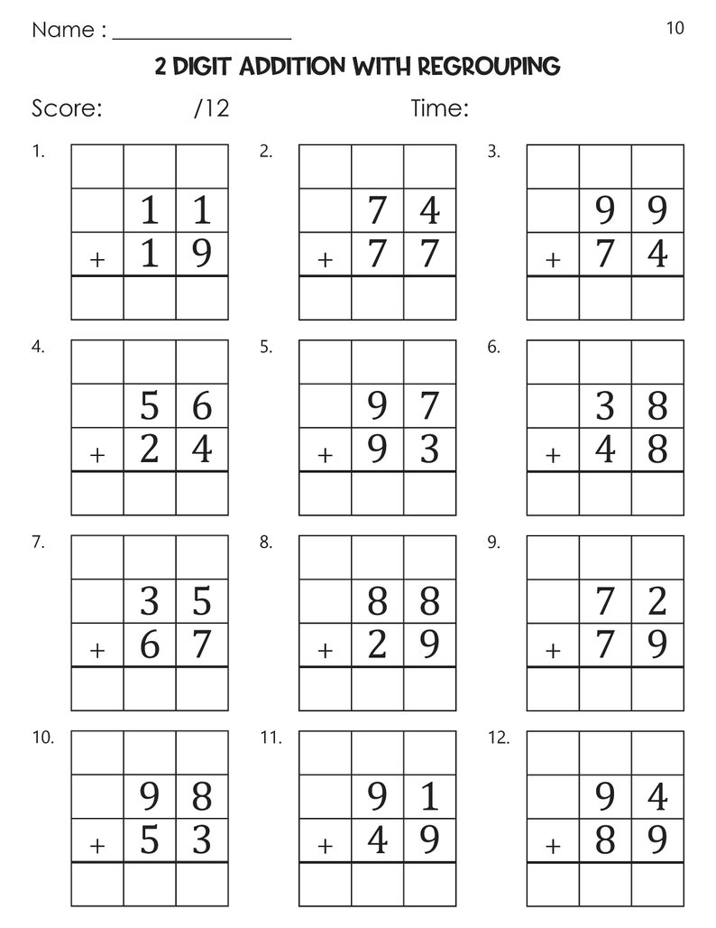 May include: A worksheet with 12 math problems for two-digit addition with regrouping. Each problem has a grid with two rows and three columns for the numbers to be added. The problems are numbered 1 through 12.