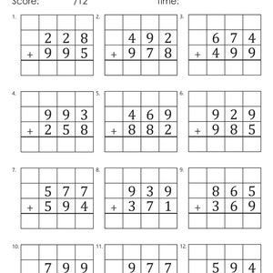 May include: A worksheet with 12 math problems for practicing 3-digit addition with regrouping. Each problem has two 3-digit numbers to add together, with a line provided for the answer.
