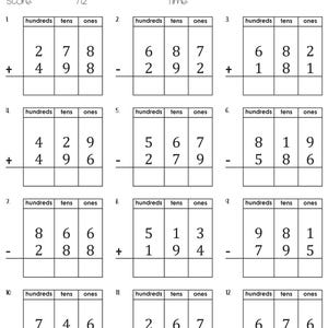 Puede incluir: Una hoja de trabajo para practicar la suma y resta de 3 dígitos con reagrupación. La hoja de trabajo incluye 12 problemas de matemáticas con columnas para centenas, decenas y unidades. El título es "3 DIGIT ADD AND SUBTRACT WITH REGROUPING".