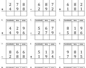 3 Digit Mixed Addition and Subtraction with Regrouping with Place Value Chart Worksheets