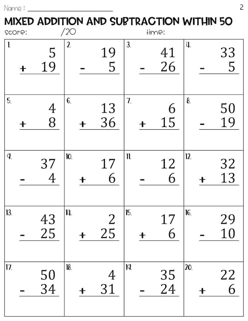 Mixed Addition and Subtraction to 50 Worksheets - Etsy