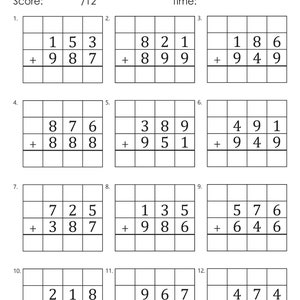 May include: A worksheet with 12 math problems for practicing 3-digit addition with regrouping. Each problem has two numbers to add, with a line for the answer below. The problems are numbered 1 through 12.