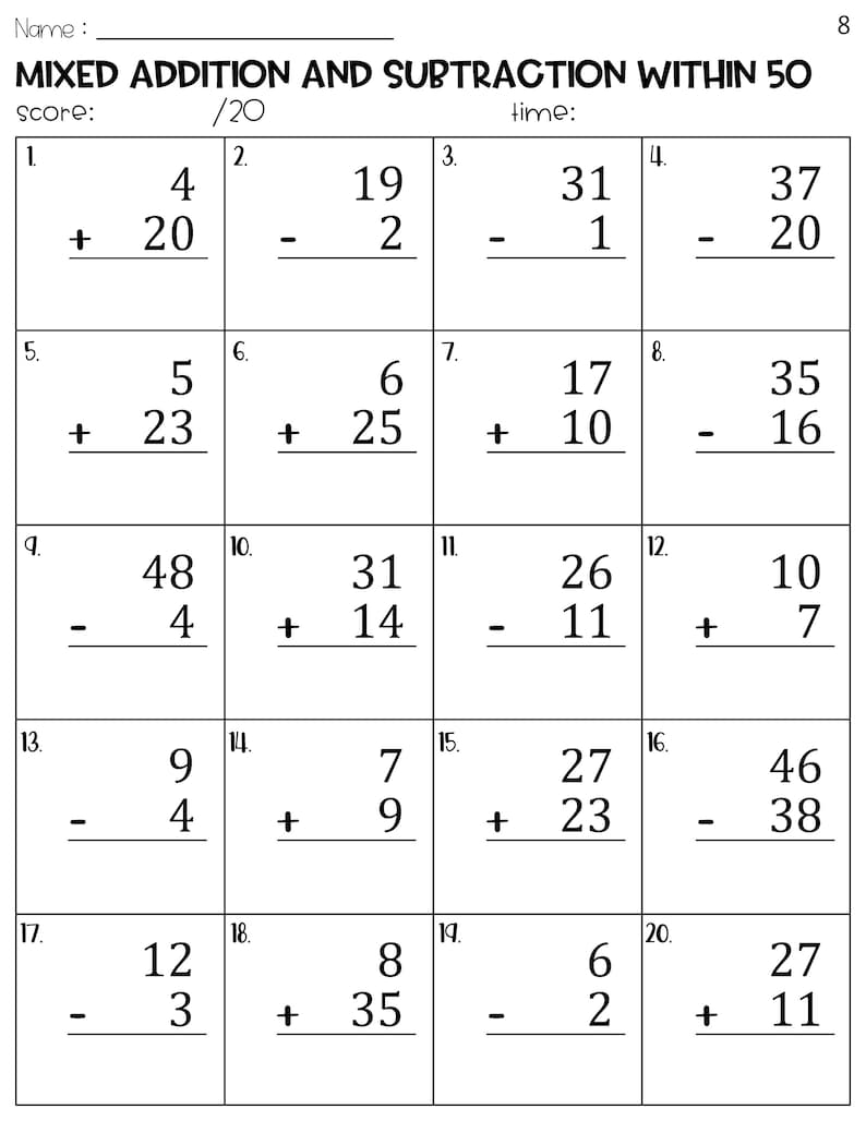 Mixed Addition and Subtraction to 50 Worksheets - Etsy