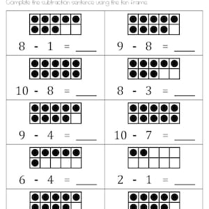 May include: A worksheet with ten frames to help students learn subtraction. The worksheet includes the following subtraction problems: 8 - 1, 9 - 8, 10 - 8, 8 - 3, 9 - 4, 10 - 7, 6 - 4, 2 - 1, 9 - 9, and 9 - 5.