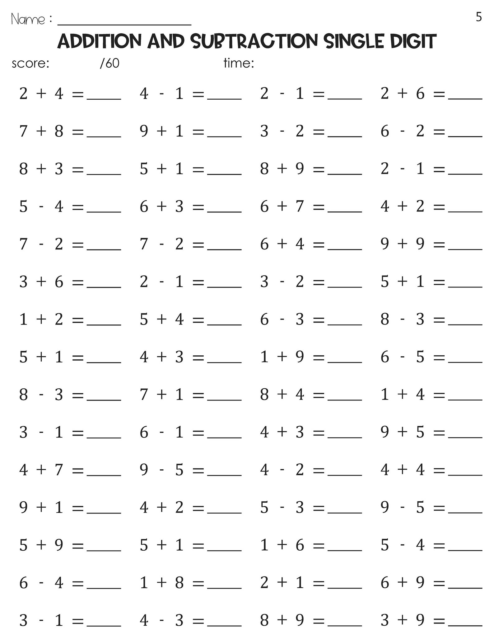 Addition and Subtraction Single Digit Math Timed Tests Speed Drills ...