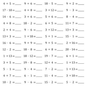 Matematiska fakta, flytande addition och subtraktion upp till 20 tidsbegränsade prov, övning