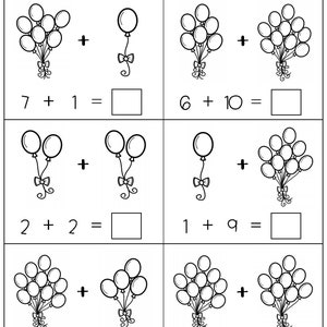 Addition with Pictures Sum up to 20 Worksheets - Adding Balloon Pictures Math Worksheets Printable
