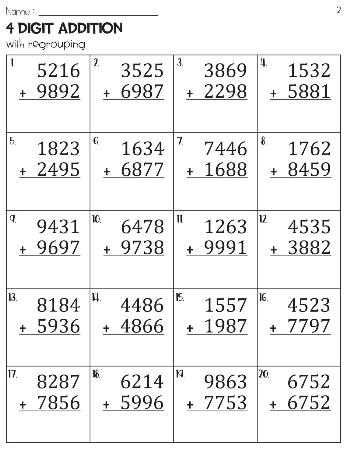 4 Digit Addition With Regrouping Worksheets - Etsy