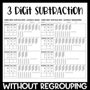 3 Digit Subtraction without Regrouping with Base Ten Blocks Worksheets