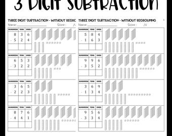 3 Digit Subtraction without Regrouping with Base Ten Blocks Worksheets