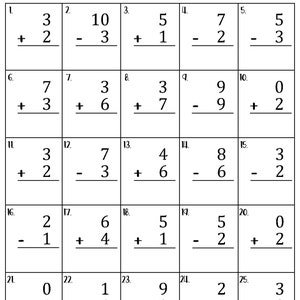 以下が含まれることがあります： 10 までの混合加算と減算の問題を含む白黒のワークシート。ワークシートには、上部に名前を入力するスペースがある25の数学の問題が含まれています。「MIXED ADDITION AND SUBTRACTION WITHIN 10」というテキストが上部にあります。