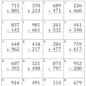 May include: A black and white worksheet with 20 maths problems for mixed addition and subtraction with and without regrouping. The problems are arranged in a grid with three columns and seven rows. Each problem has a number from 1 to 20.