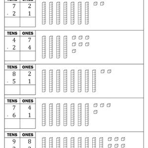 May include: A worksheet with a title "Two Digit Subtraction - Without Regrouping" and five math problems using base ten blocks to illustrate the subtraction of two-digit numbers. The problems are: 72 - 21, 47 - 24, 82 - 51, 74 - 61, and 98 - 22.