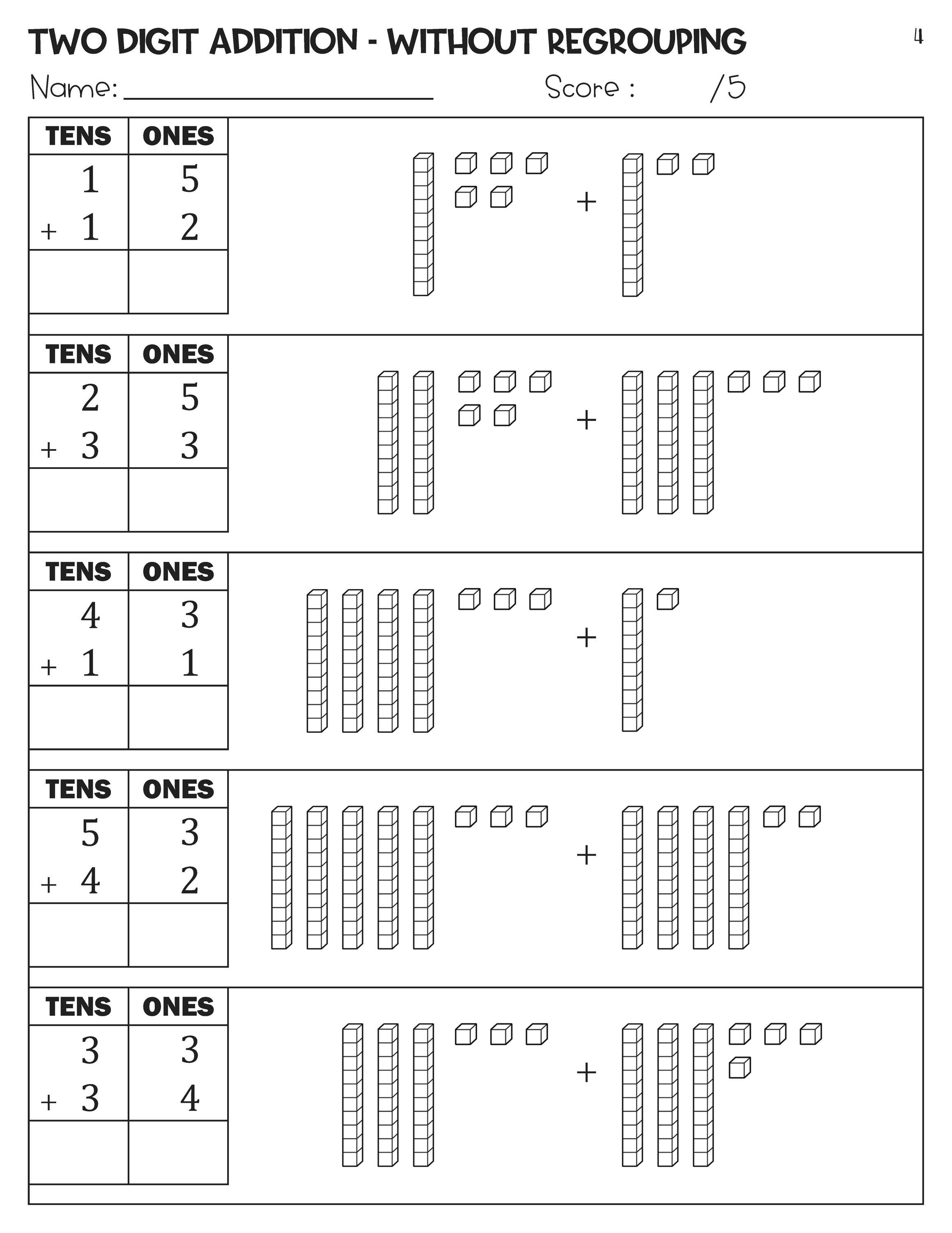 2 Digit Addition Without Regrouping With Base Ten Blocks Worksheets - Etsy