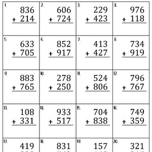 May include: A worksheet with 20 math problems for 3-digit addition with and without regrouping. The problems are arranged in a grid with 20 boxes. Each box contains a 3-digit addition problem. The worksheet is titled "3 DIGIT ADDITION WITH AND WITHOUT REGROUPING".