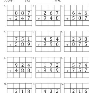 May include: A worksheet with 12 math problems for 3-digit addition with regrouping. The problems are arranged in a grid with a title at the top that says "3 DIGIT ADDITION WITH REGROUPING".