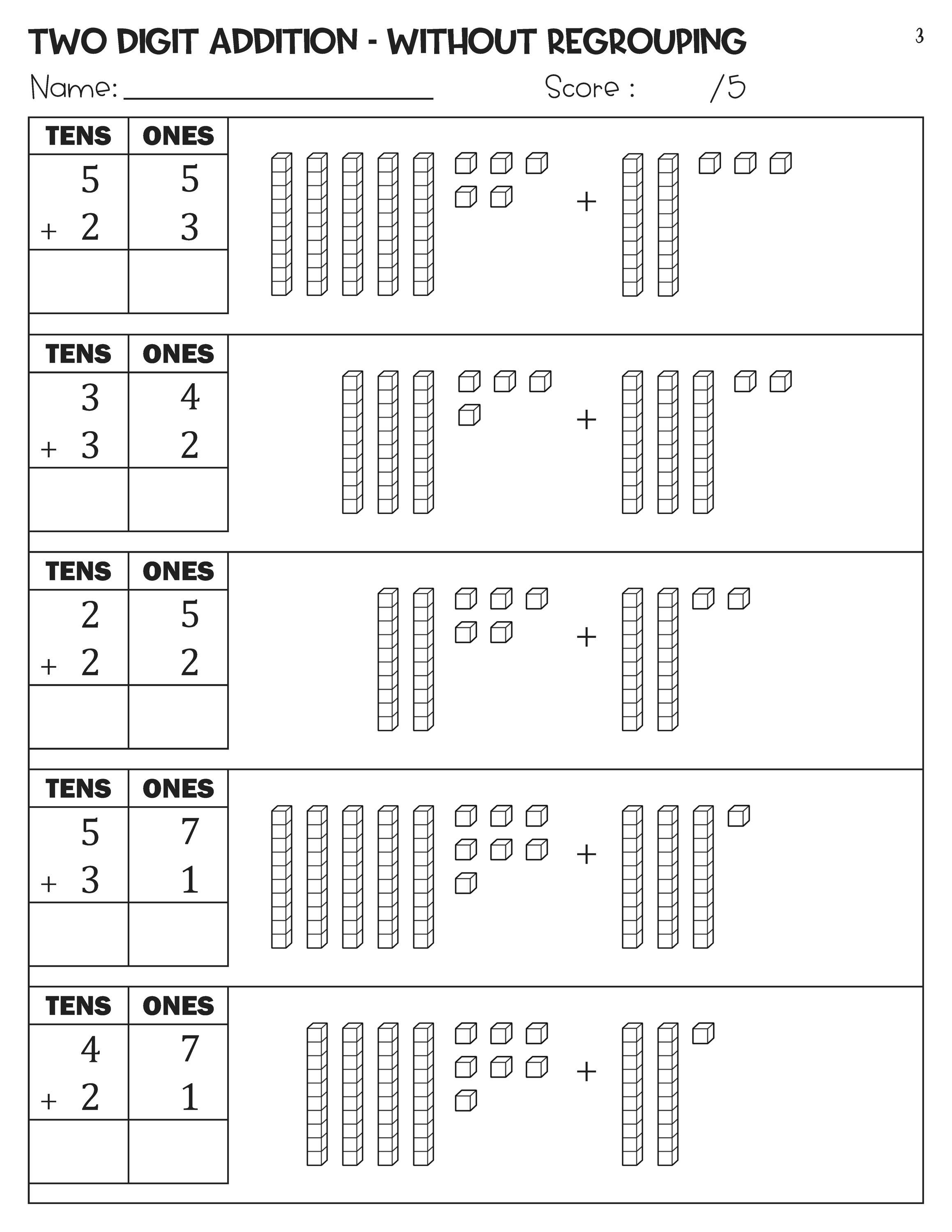 2 Digit Addition Without Regrouping With Base Ten Blocks Worksheets - Etsy