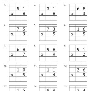 2 Digit by 1 Digit Multiplication with Grid Worksheets