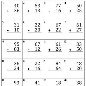 Mixed Addition and Subtraction Within 100 Without Regrouping Worksheets ...