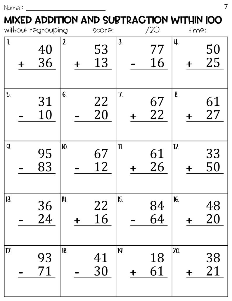 Mixed Addition and Subtraction Within 100 Without Regrouping Worksheets ...