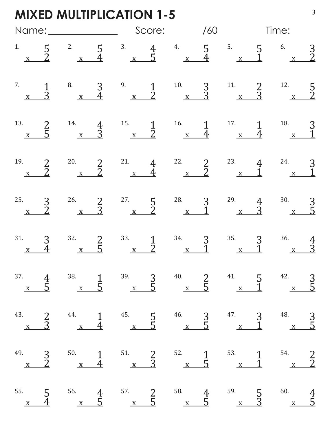 Mixed Multiplication Facts 1-5 Timed Tests Worksheets - Etsy