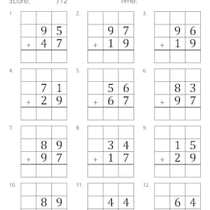 May include: A worksheet with 12 math problems for two-digit addition with regrouping. Each problem has two numbers to add, with a line for the answer.