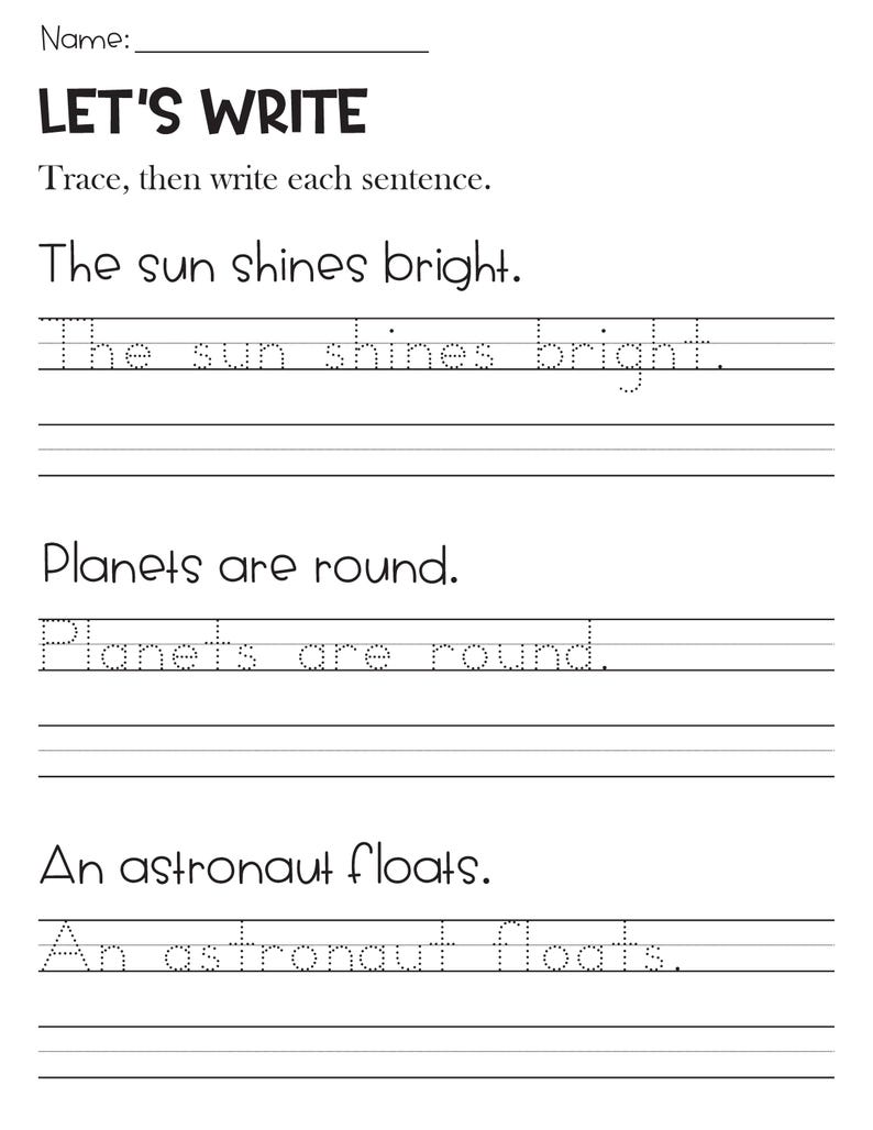 Sentence Writing and Tracing Handwriting Practice Worksheets - Space ...