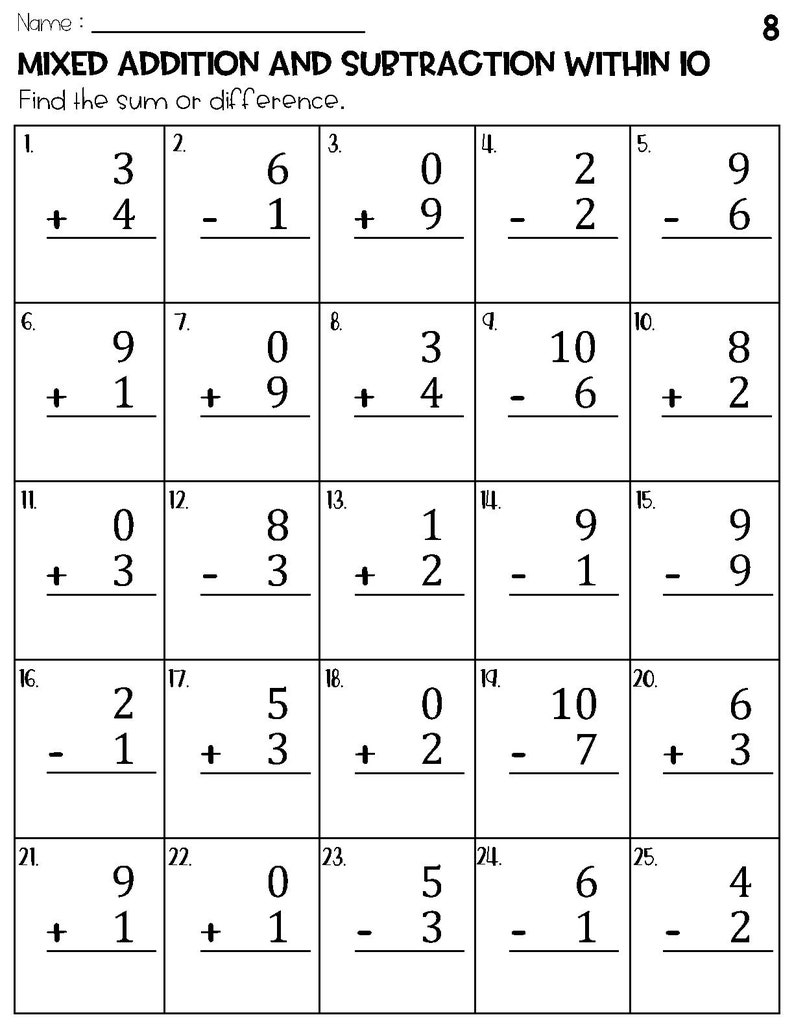 Mixed Addition and Subtraction Within 10 Worksheets - Etsy