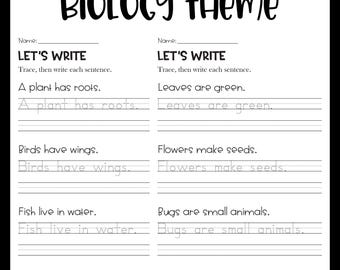 Sentence Writing and Tracing Handwriting Practice Worksheets - Biology Theme
