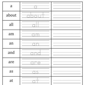 May include: A printable worksheet for learning sight words. The worksheet has a list of common sight words, such as "a", "about", "all", "am", "an", "and", "are", "as", "at", and "be". Each word is listed with a dotted line for tracing and a blank line for writing.