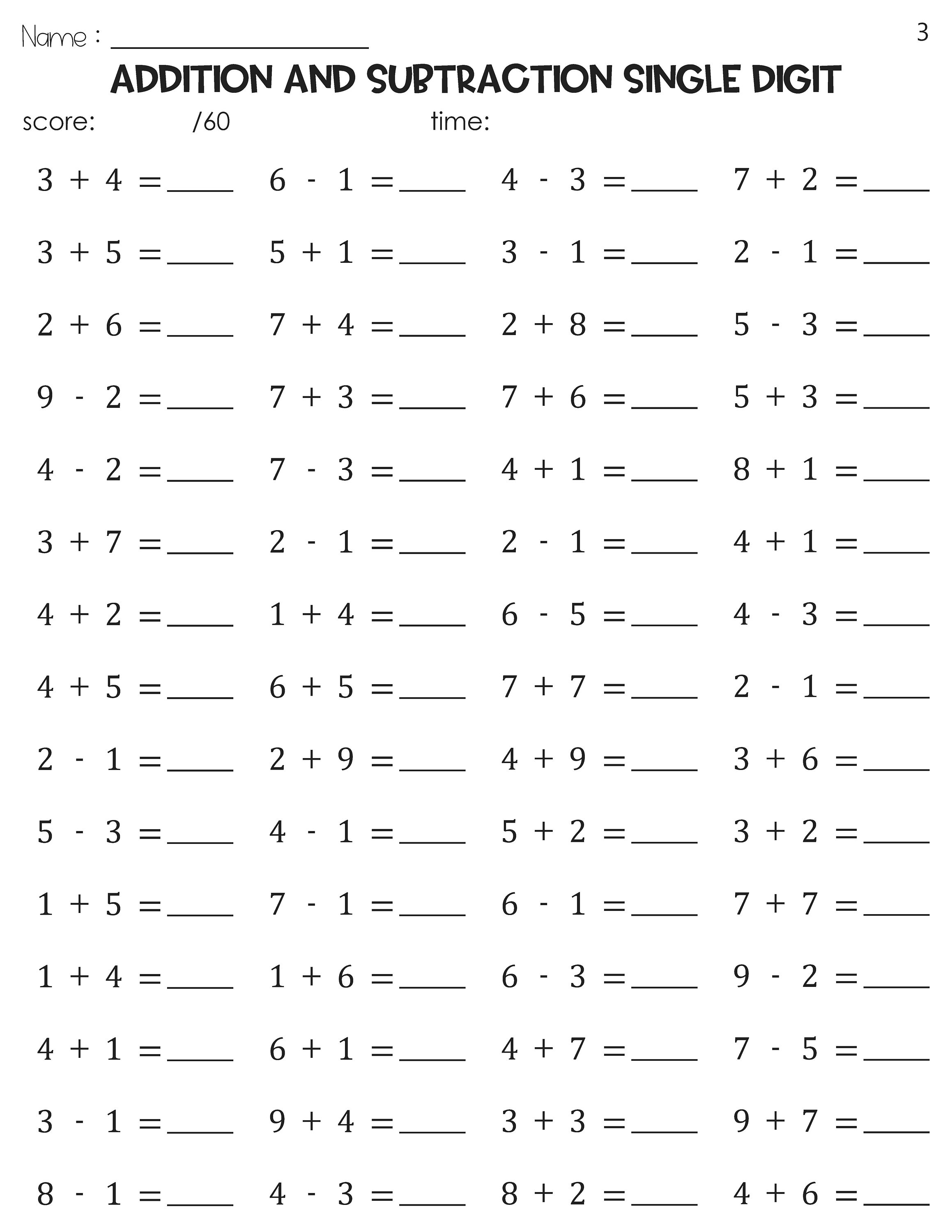 Addition and Subtraction Single Digit Math Timed Tests Speed Drills ...