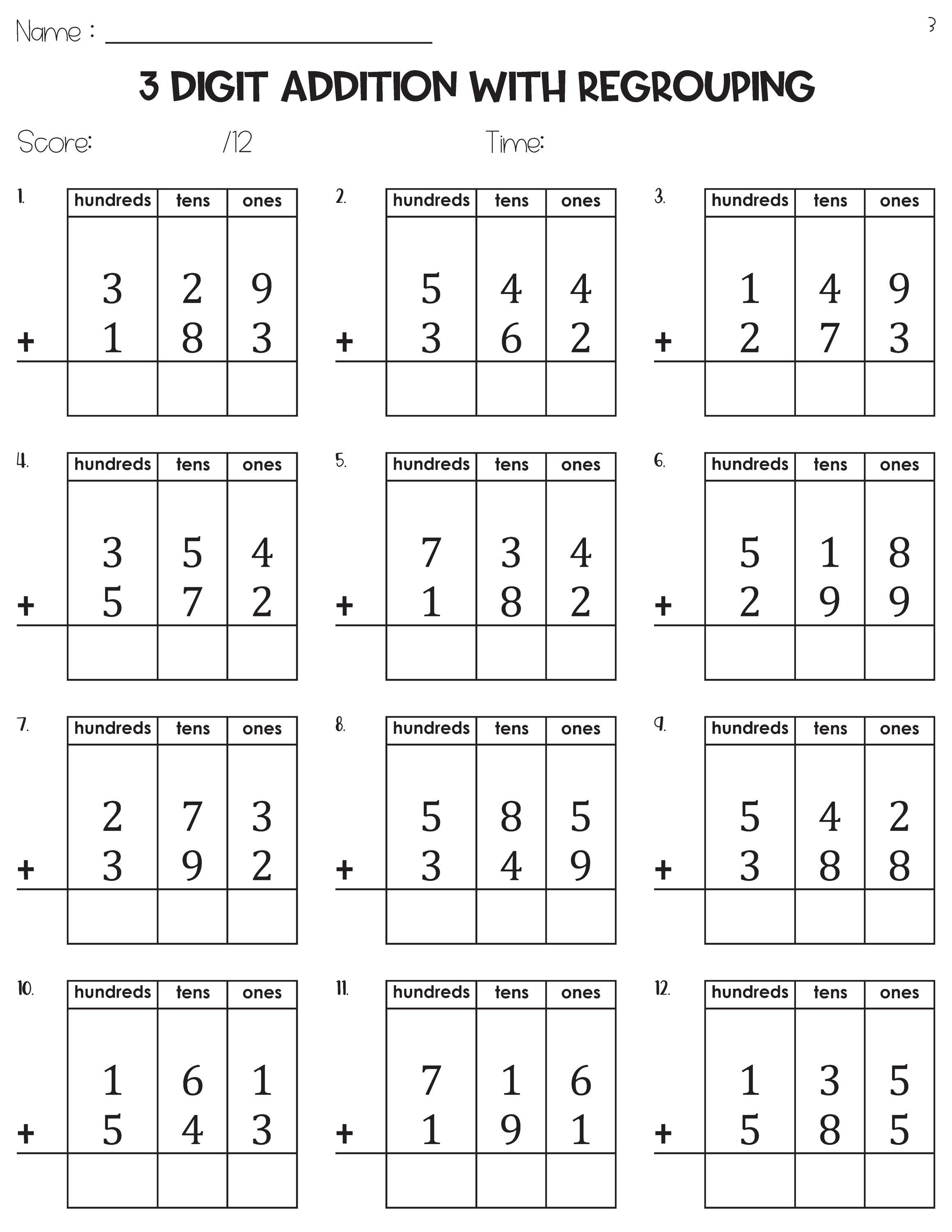 3 Digit Addition With Regrouping With Place Value Chart Worksheets - Etsy