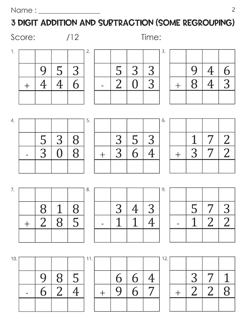 Three Digit Mixed Addition and Subtraction Some Regrouping With Grid