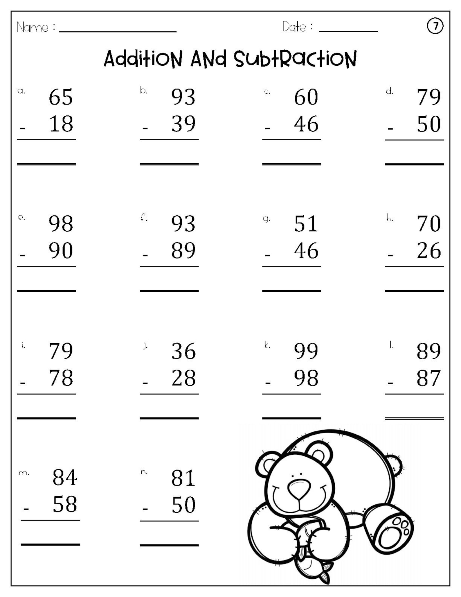 2 Digit Addition and Subtraction Worksheets Set3 Zoo Theme Math