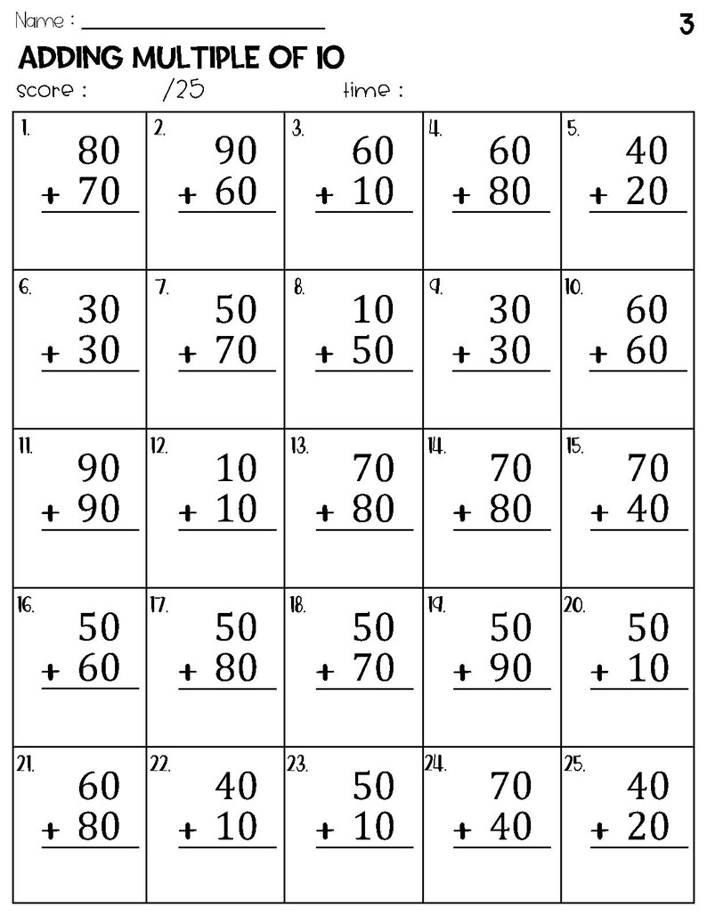 Adding Multiple of 10 Worksheets - Etsy