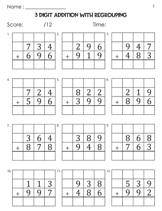 Three Digit Addition With Regrouping Worksheets 2nd Grade 3 Digit