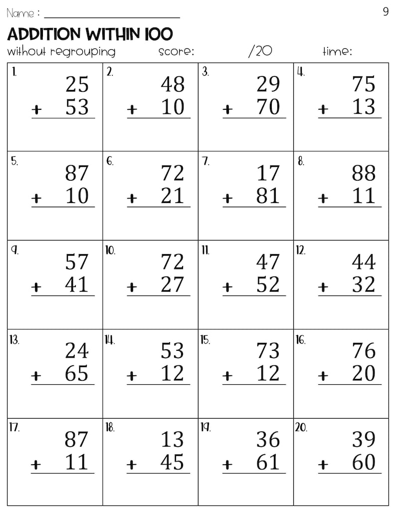 Addition Within 100 Without Regrouping Worksheets - Etsy