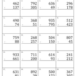 May include: A white worksheet titled "2 and 3 Digit Subtraction Some Regrouping" with 20 subtraction problems. Each problem includes two numbers to subtract, with space for the answer. The worksheet has sections for name, score, and time.