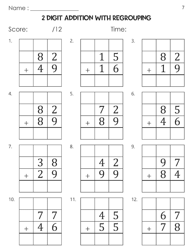 May include: A worksheet with 12 math problems for two-digit addition with regrouping. Each problem has two numbers to add, with a line for the answer.