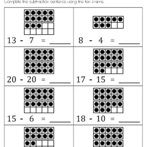 Subtraction Within 20 With Ten Frame Pictures Worksheets - Etsy