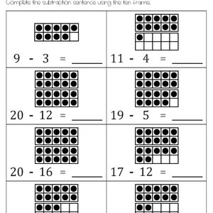 Subtraction Within 20 With Ten Frame Pictures Worksheets Etsy