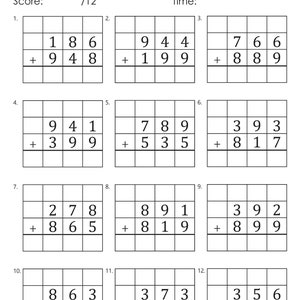 May include: A worksheet with 12 math problems for 3-digit addition with regrouping. The problems are arranged in a grid format with each problem having two numbers to be added together. The problems are numbered 1 through 12.